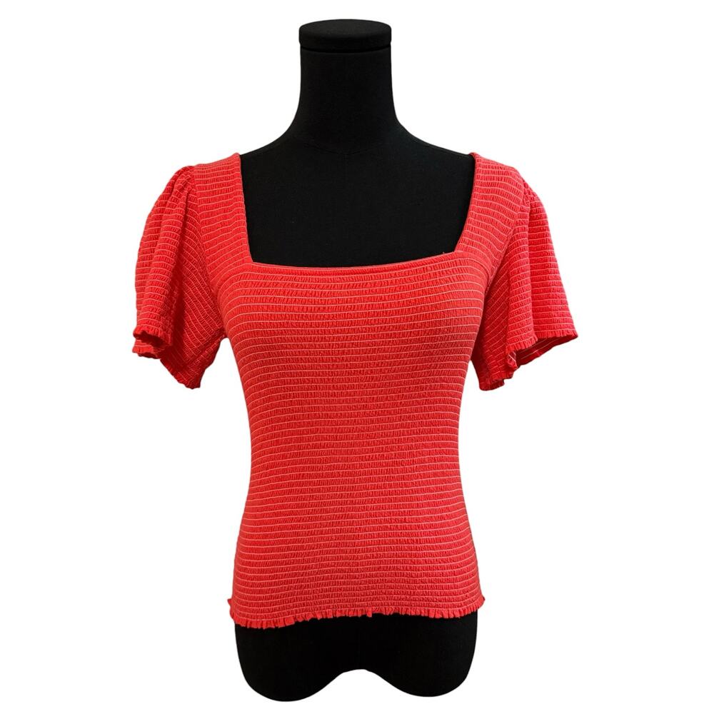 Nation Scarlett Smocked Flutter Sleeve Top Pima Cotton Candy Apple Red Small